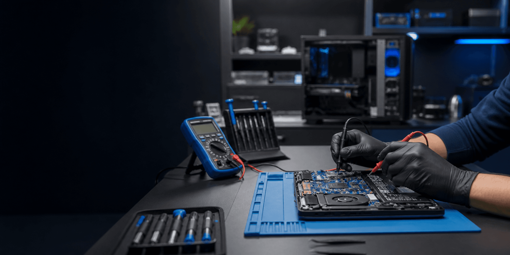 Técnico realizando diagnóstico eletrônico em placa de notebook