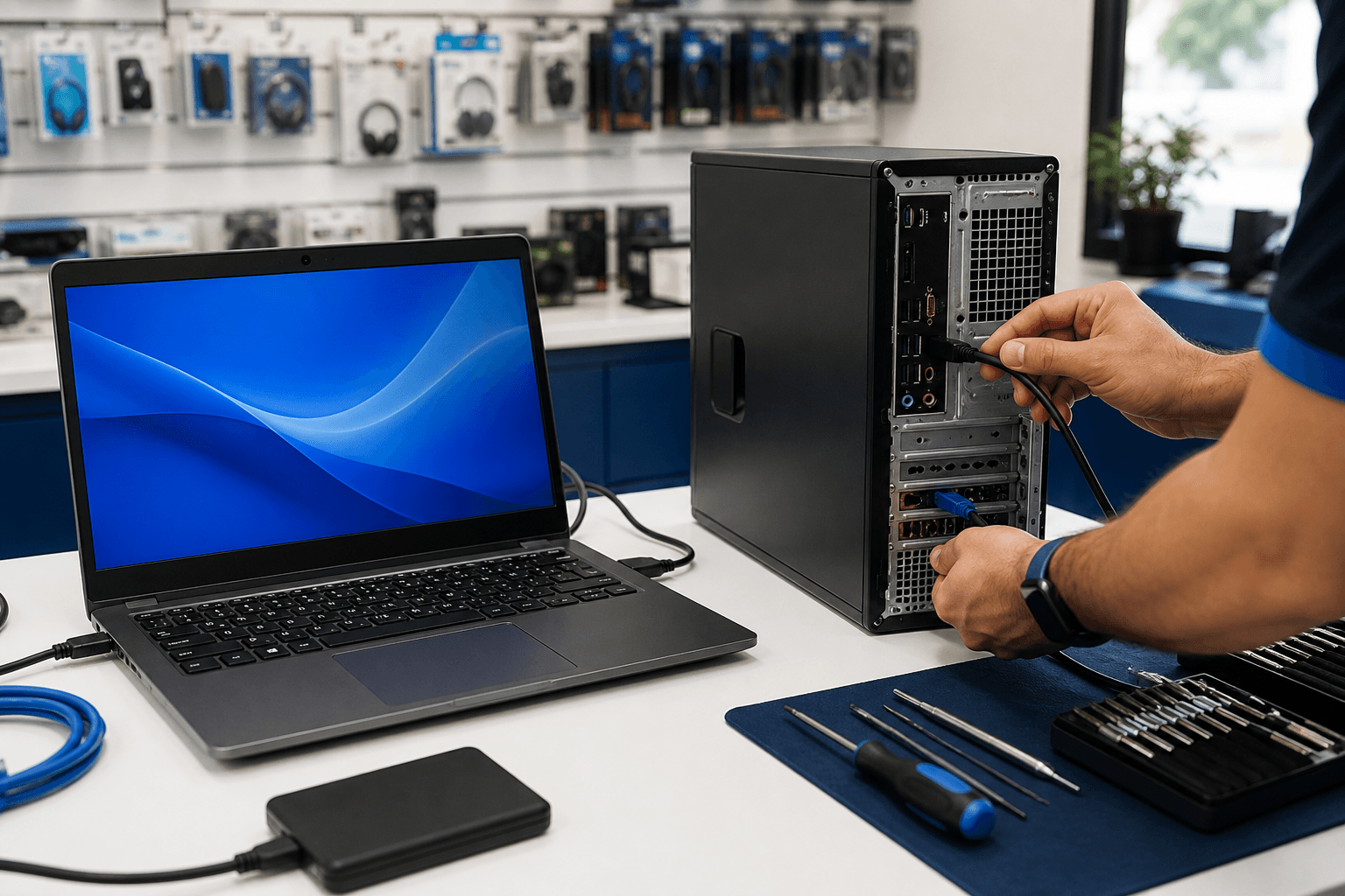Notebook e computador em bancada de manutenção